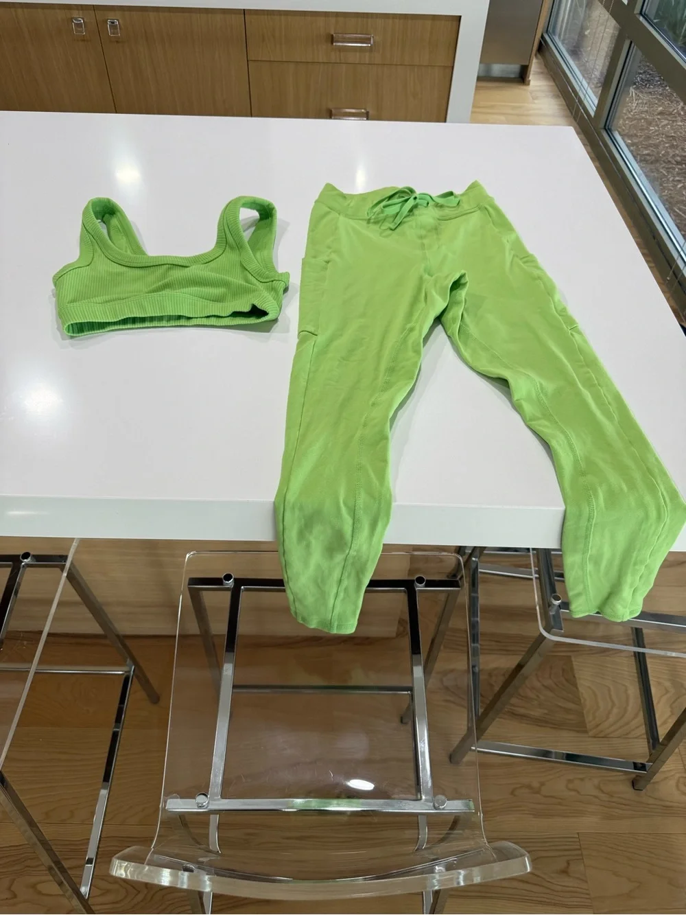 ALO Yoga Neon Green Ribbed Sports Bra and High-Rise Track Pants